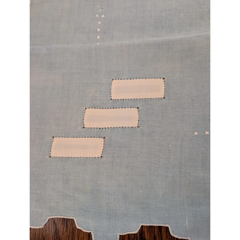 Vtg MCM Small Light Blue White Accent Tablecloth Linen Square 35x35